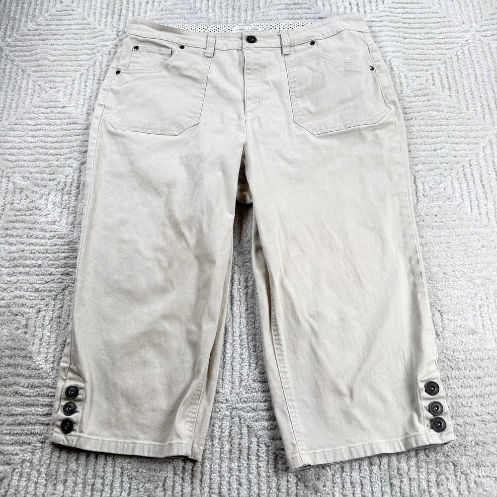 Christopher & Banks Capri Pants Women 14 Beige Button Hem Cropped Stretch Khaki